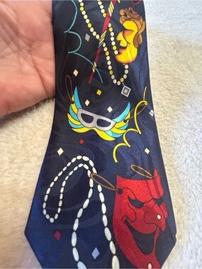 🎁3 for $30 - Navy Novelty Carnival Mask & Beads Necktie